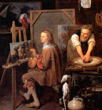 Peinture d’atelier : un peintre à l’ouvrage et un artisan préparant les pigments.