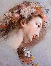 Étude au pastel d’une tête couronnée de fleurs, après restauration.